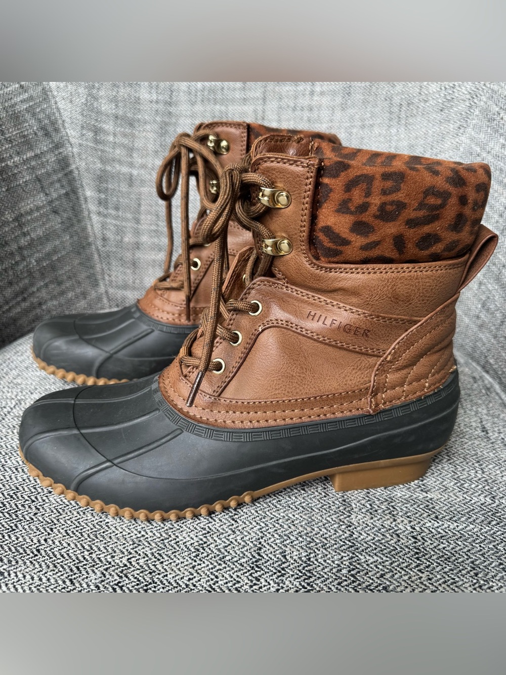 Tommy Hilfiger Brown Leather & Black Rubber Duck Boots with Leopard Cuff